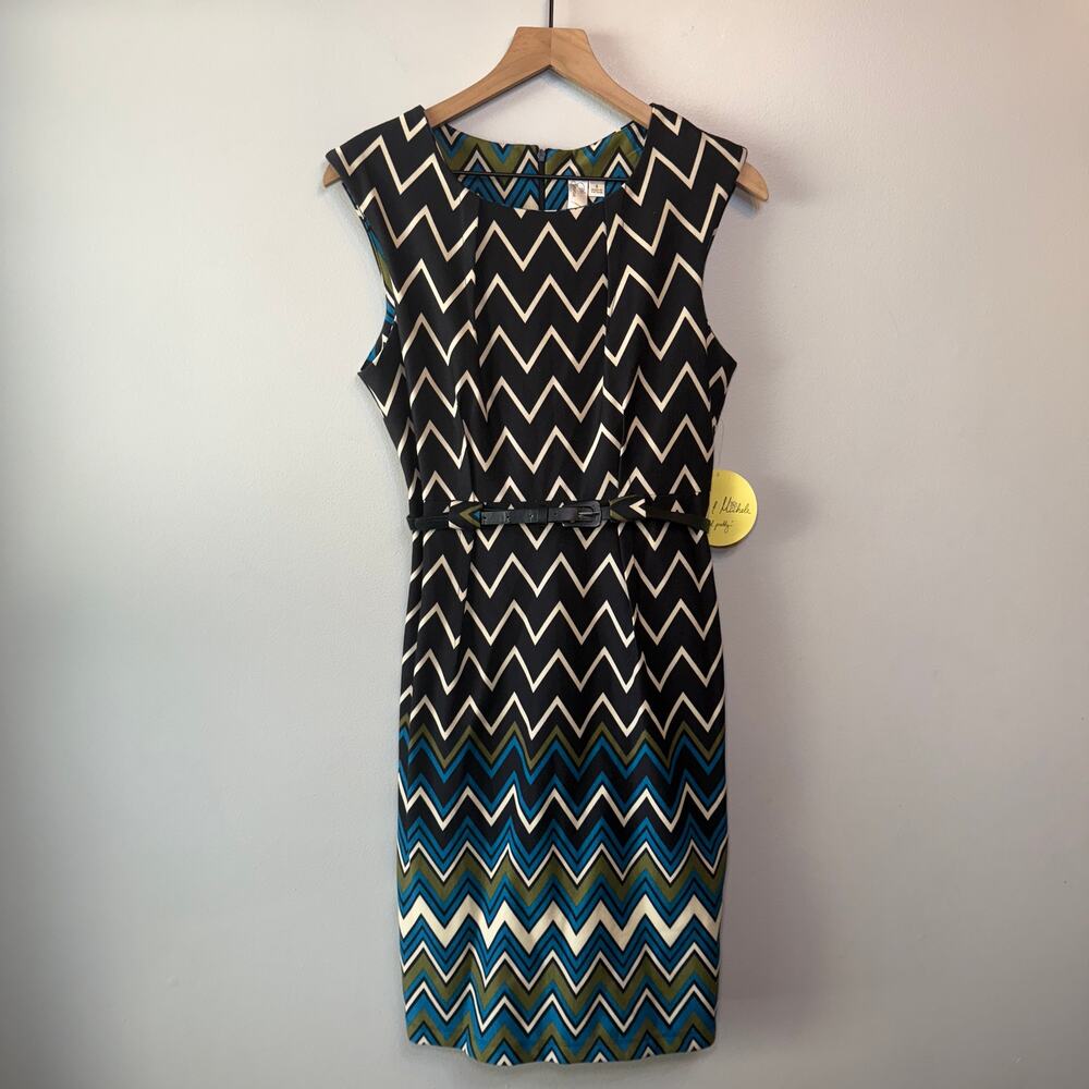 Emma & Michele Sleeveless Belted Pencil Dress Multicolor Chevron Print Size 6
